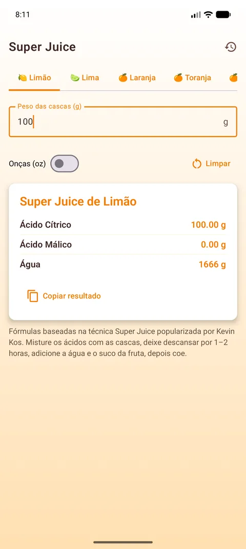 Resultado para 100 g de cascas, com botão de copiar