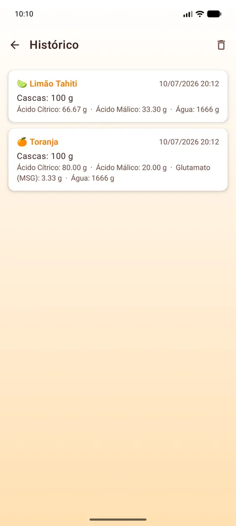 Histórico das últimas cinco receitas, recarregáveis com um toque