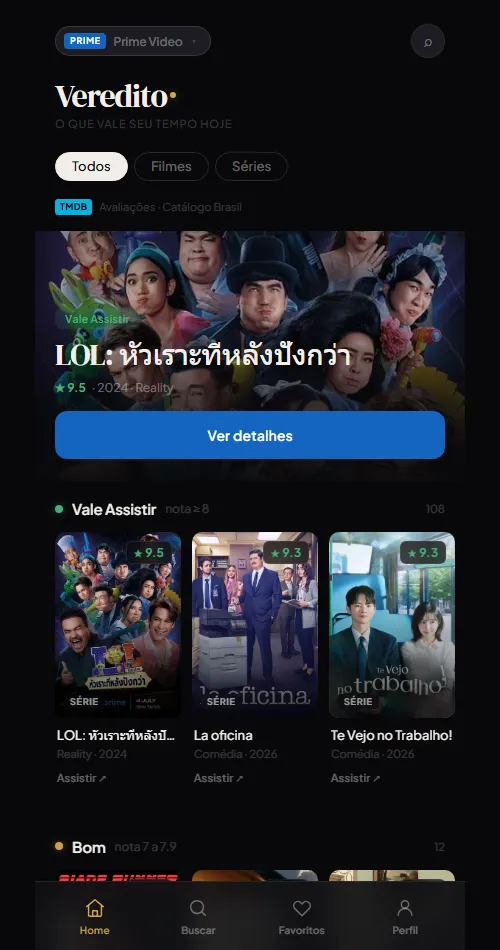 Catálogo em faixas por nota: Vale Assistir (≥ 8) antes de Bom (7 a 7,9)